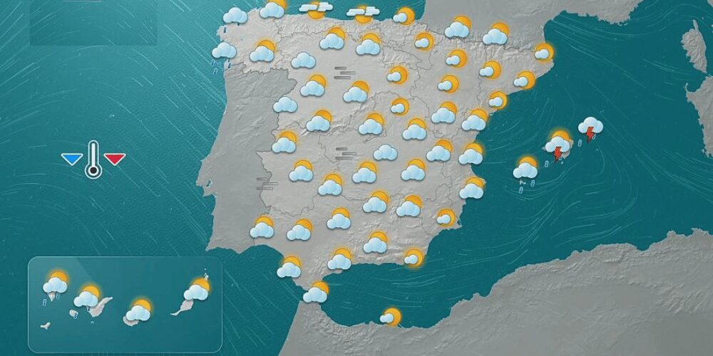 Mapa del tiempo de España mostrando aviso naranja y amarillo por lluvia y viento